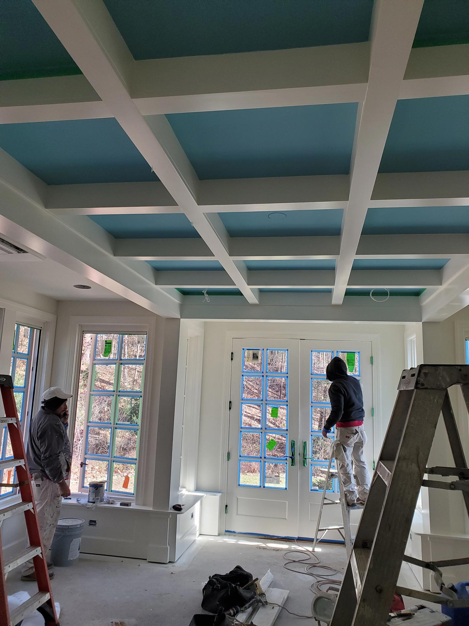 Painting is underway in the conservatory. Sky Tiffany blue ceilings in the coffers Painting is underway in the conservatory. Sky Tiffany blue ceilings in the coffers