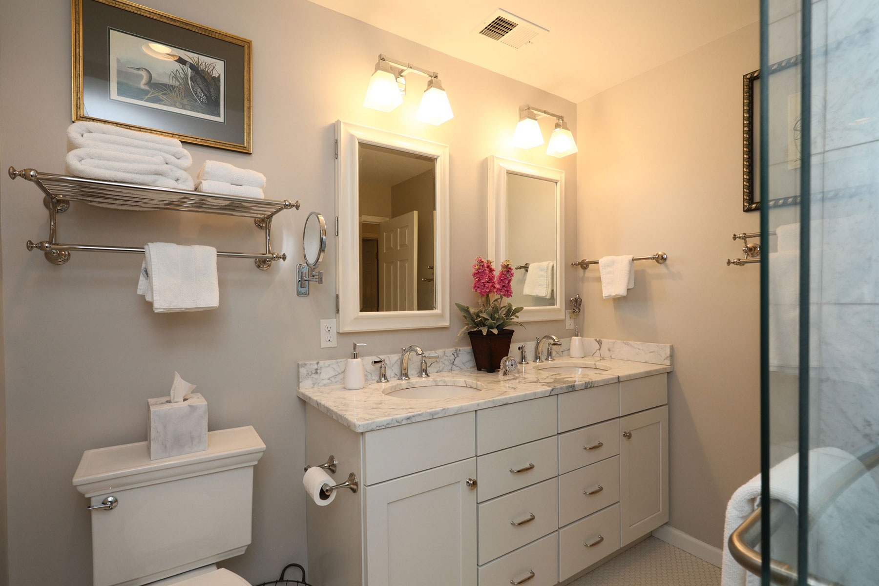 Marble vanity in mountain home bathroom remodel