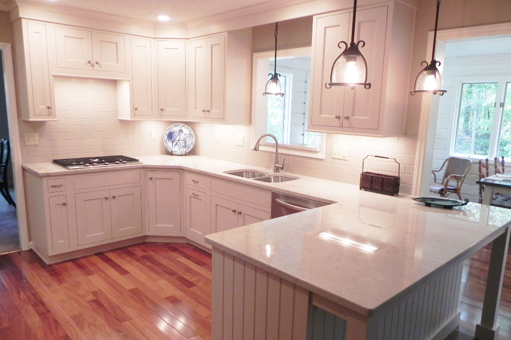New cabinets in white shaker style kitchen in mountain home