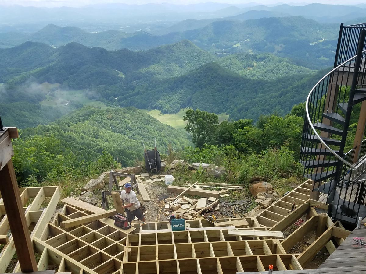 Installation of new deck on mountain top home with long range views of the Smoky Mountains